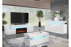 Glenndale TV benk med oppbevaring + LED kamin + Belysning 190 cm