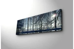 Lerretsbilde med LED-belysning 30x90 cm - Vinterlandskap med snødekte trær og en svak solstråle