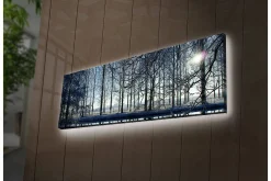 Lerretsbilde med LED-belysning 30x90 cm - Vinterlandskap med snødekte trær og en svak solstråle